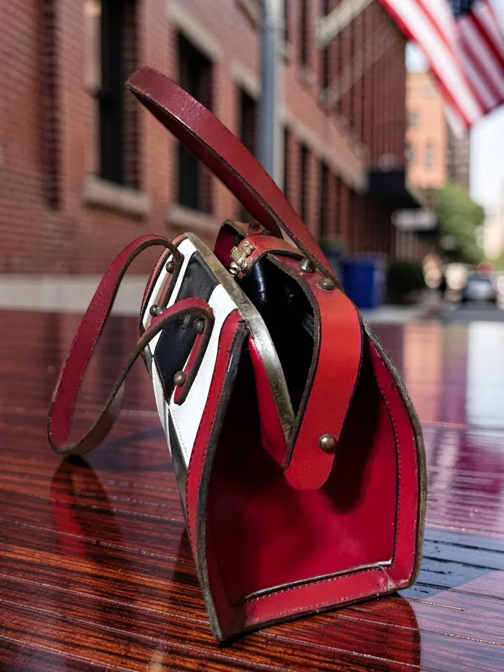 Tricolor Check Vintage Leather Satchel - Red, Navy & White